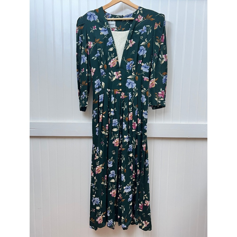 Vtg Maxi Dress  Cottagecore Prairie Twee Sundress Twirl Modest Dark Green Floral